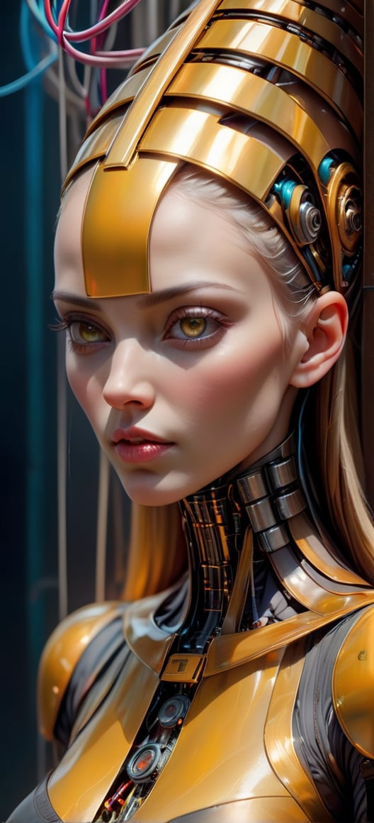 Please create a masterpiece, stunning beauty, nun, perfect face, epic love, Slave to the machine, full-body, hyper-realistic oil painting, vibrant colors, Body horror, wires, biopunk, cyborg by Peter Gric, Hans Ruedi Giger, Marco Mazzoni, dystopic, golden light, perfect composition, col