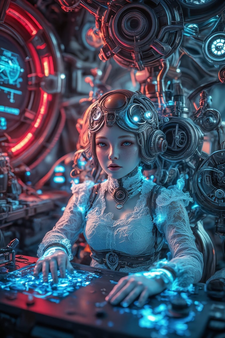 A detailed scene inside the control room of a Gundam, featuring a steampunk porcelain doll lady with delicate features. She is seated in a futuristic command chair, wearing a sleek helmet connected to glowing wires that pulse with energy, feeding into the control systems of the Gundam. Her hands hover over floating holographic controls, manipulating intricate blue projections that adjust the machine’s movements. The room is filled with advanced digital displays and a network of neon-blue holographic interfaces, blending steampunk aesthetics with cutting-edge technology. Infrared lighting casts a deep red glow, highlighting the metallic surfaces of the control room and the intricate designs on her lace and leather attire. The scene combines the charm of vintage style with the sleekness of advanced technology, capturing a seamless fusion of the past and future,InfraRedVision,PorcelainDollPrincess,Fantasy detailers 