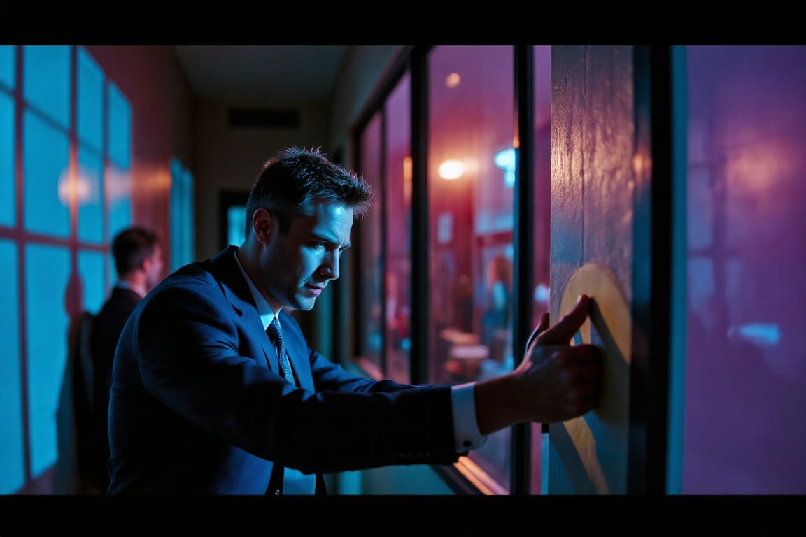 A dark cinematic scene with a sliced prism pop art style featuring a businessman nervously hiding next to a modern boardroom door. He leans against the wall, peeking anxiously toward the closed door, his face showing clear signs of panic. The corridor is dimly lit, with deep shadows and subtle reflections from the glass panels lining the wall. Vivid colors of purples, blues, and pinks slice through the scene, creating fragmented, prism-like reflections across the businessman and the walls. The lighting is moody, casting a dramatic contrast between light and dark, giving the scene a tense and surreal atmosphere,Sliced Prism-Pop,businessmansuit,DRK