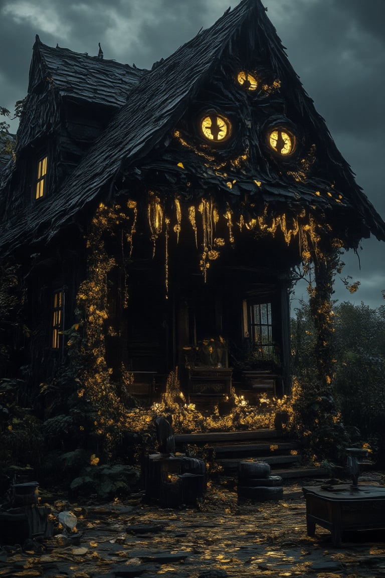 A dark fantasy scene of a monstrous house with twisted walls and windows, incorporating golden flowers that emit an eerie glow. Golden vines snake out from the house, pulling in innocent people as they struggle against the chaotic force. The house’s maw-like entrance is wide open, swallowing those caught in its grasp. The scene is filled with total mess and chaos, with overturned furniture, scattered debris, and terrified expressions. The golden flowers glow eerily, casting shadows across the scene, contrasting against the dark, overcast atmosphere, adding to the unsettling and nightmarish feel,Monster House,QuantumDynasty,Fantasy detailers 