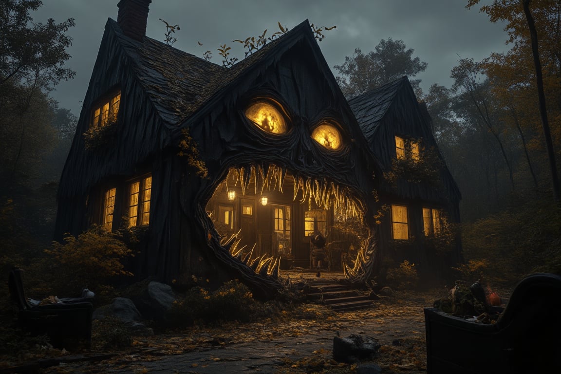 A dark fantasy scene of a monstrous house with twisted walls and windows, incorporating golden flowers that emit an eerie glow. Golden vines snake out from the house, pulling in innocent people as they struggle against the chaotic force. The house’s maw-like entrance is wide open, swallowing those caught in its grasp. The scene is filled with total mess and chaos, with overturned furniture, scattered debris, and terrified expressions. The golden flowers glow eerily, casting shadows across the scene, contrasting against the dark, overcast atmosphere, adding to the unsettling and nightmarish feel,Monster House,QuantumDynasty,Fantasy detailers 