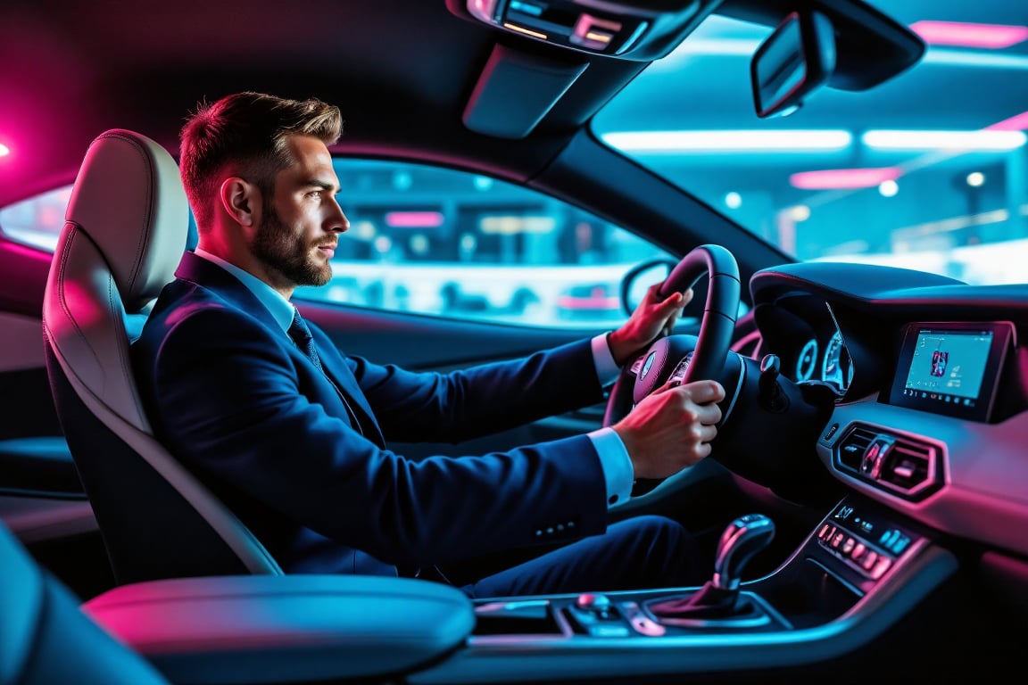 A dynamic scene in a sliced prism pop art style featuring a successful businessman driving a sleek sports car. The view is from the interior side, showing the businessman with a focused expression as he grips the steering wheel. The interior is modern and stylish, with smooth leather seats and polished metal accents. Prismatic reflections cast vibrant streaks of neon blues, purples, and pinks across the scene, creating a fragmented, dynamic look. The lighting is bold and high-contrast, adding depth and a surreal pop art feel to the luxurious atmosphere inside the car,Sliced Prism-Pop,businessmansuit,Fantasy detailers 