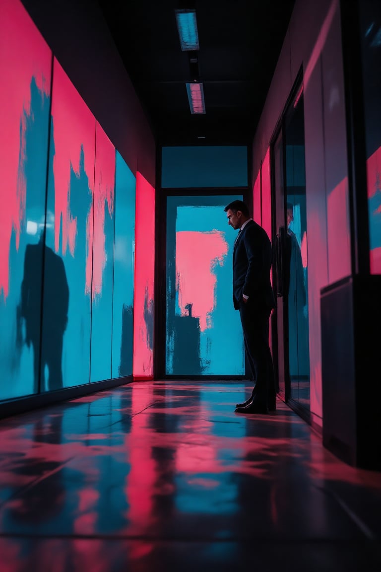 A dark cinematic scene with a sliced prism pop art style featuring a businessman nervously hiding next to a modern boardroom door. He leans against the wall, peeking anxiously toward the closed door, his face showing clear signs of panic. The corridor is dimly lit, with deep shadows and subtle reflections from the glass panels lining the wall. Vivid colors of purples, blues, and pinks slice through the scene, creating fragmented, prism-like reflections across the businessman and the walls. The lighting is moody, casting a dramatic contrast between light and dark, giving the scene a tense and surreal atmosphere,Sliced Prism-Pop,businessmansuit,Fantasy detailers 