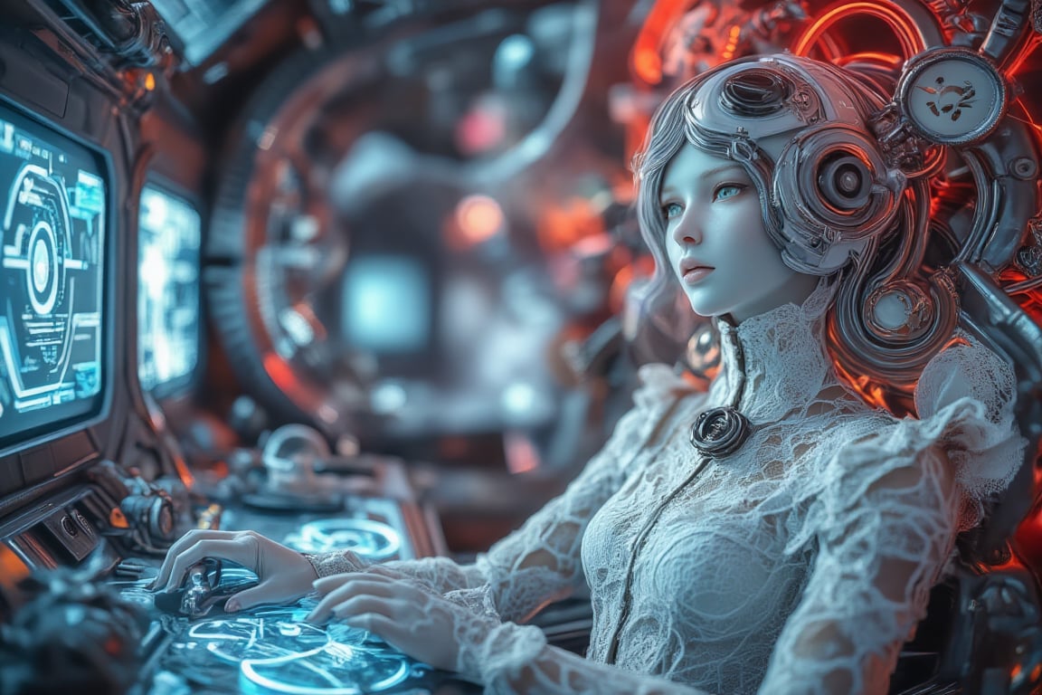 A detailed scene inside the control room of a Gundam, featuring a steampunk porcelain doll lady with delicate features. She is seated in a futuristic command chair, wearing a sleek helmet connected to glowing wires that pulse with energy, feeding into the control systems of the Gundam. Her hands hover over floating holographic controls, manipulating intricate blue projections that adjust the machine’s movements. The room is filled with advanced digital displays and a network of neon-blue holographic interfaces, blending steampunk aesthetics with cutting-edge technology. Infrared lighting casts a deep red glow, highlighting the metallic surfaces of the control room and the intricate designs on her lace and leather attire. The scene combines the charm of vintage style with the sleekness of advanced technology, capturing a seamless fusion of the past and future,InfraRedVision,PorcelainDollPrincess,Fantasy detailers 