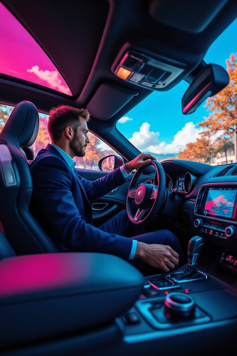 A dynamic scene in a sliced prism pop art style featuring a successful businessman driving a sleek sports car. The view is from the interior side, showing the businessman with a focused expression as he grips the steering wheel. The interior is modern and stylish, with smooth leather seats and polished metal accents. Prismatic reflections cast vibrant streaks of neon blues, purples, and pinks across the scene, creating a fragmented, dynamic look. The lighting is bold and high-contrast, adding depth and a surreal pop art feel to the luxurious atmosphere inside the car,Sliced Prism-Pop,businessmansuit,Fantasy detailers 