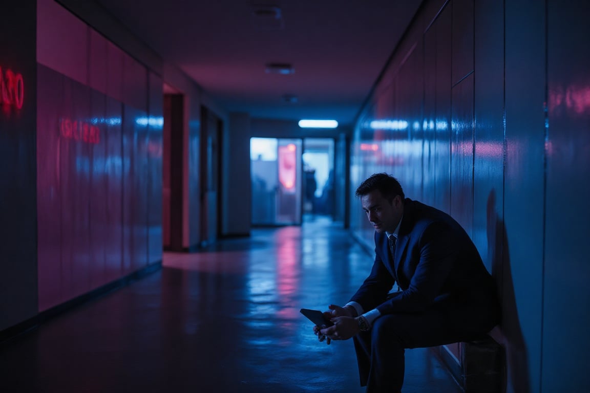 A dark cinematic scene with a sliced prism pop art style featuring a businessman nervously hiding next to a modern boardroom door. He leans against the wall, peeking anxiously toward the closed door, his face showing clear signs of panic. The corridor is dimly lit, with deep shadows and subtle reflections from the glass panels lining the wall. Vivid colors of purples, blues, and pinks slice through the scene, creating fragmented, prism-like reflections across the businessman and the walls. The lighting is moody, casting a dramatic contrast between light and dark, giving the scene a tense and surreal atmosphere,Sliced Prism-Pop,businessmansuit,DRK