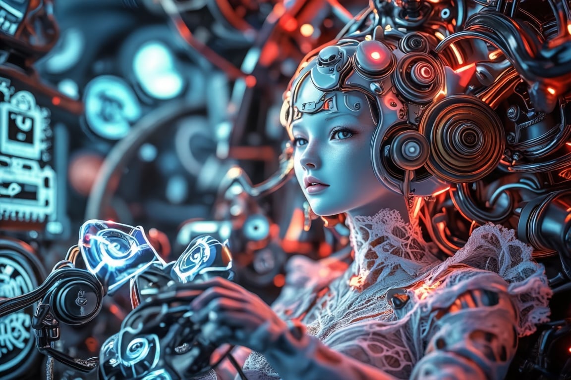 A detailed scene inside the control room of a Gundam, featuring a steampunk porcelain doll lady with delicate features. She is seated in a futuristic command chair, wearing a sleek helmet connected to glowing wires that pulse with energy, feeding into the control systems of the Gundam. Her hands hover over floating holographic controls, manipulating intricate blue projections that adjust the machine’s movements. The room is filled with advanced digital displays and a network of neon-blue holographic interfaces, blending steampunk aesthetics with cutting-edge technology. Infrared lighting casts a deep red glow, highlighting the metallic surfaces of the control room and the intricate designs on her lace and leather attire. The scene combines the charm of vintage style with the sleekness of advanced technology, capturing a seamless fusion of the past and future,InfraRedVision,PorcelainDollPrincess,Fantasy detailers 