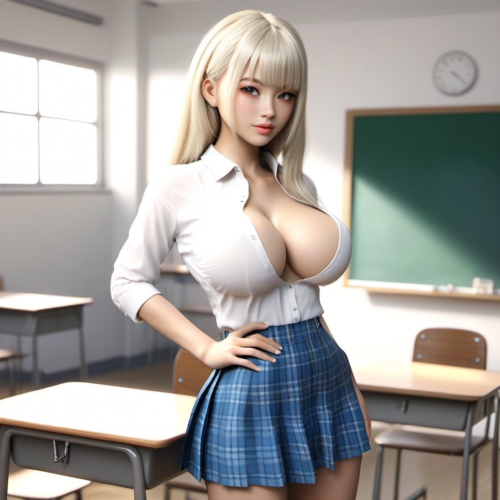 Golden Hour Glow: A stunning platinum blonde (((Asian))) teenager,  dressed for school wearing a whote polo shirt and blue...