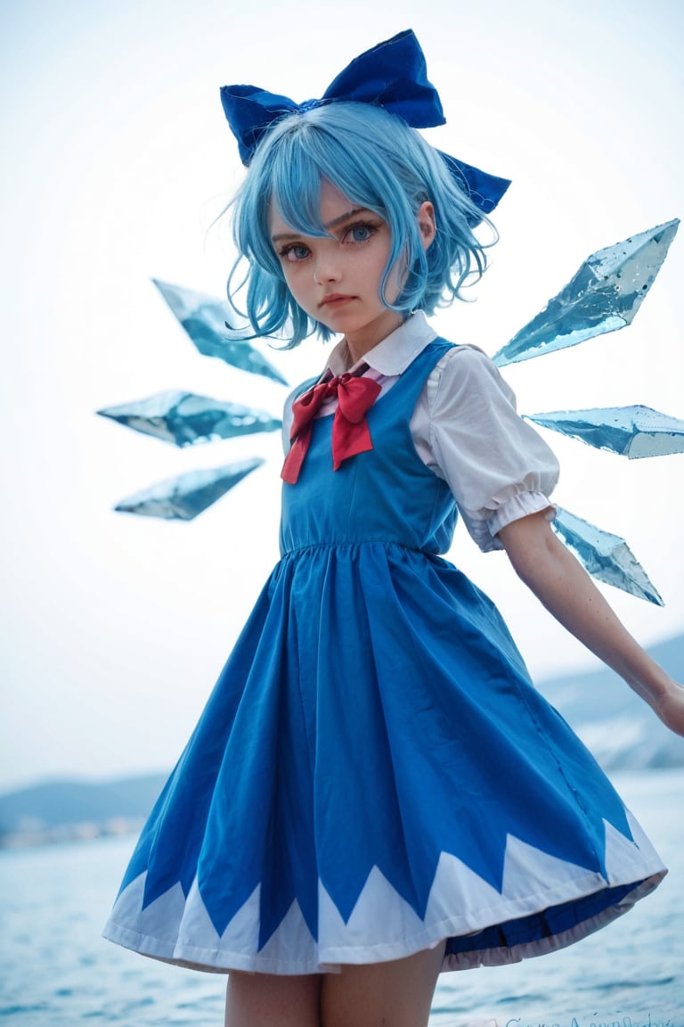 (score_9, score_8_up:1.3), photo, 1girl, cirno, wings, blue eyes, bow, ice wings, blue hair, ice, blue bow, hair bow, short hair, hair bow, cute, dress