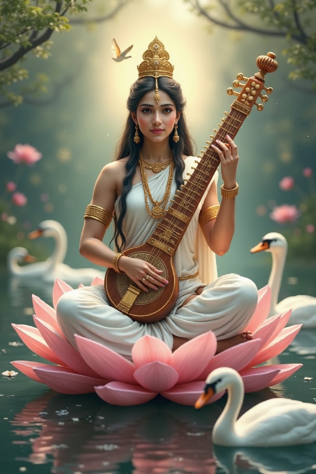 Create an enchanting image of Goddess Saraswati, the divine embodiment of knowledge, music, and arts. She is depicted seated gracefully on a lotus, symbolizing purity and wisdom, holding a veena (stringed musical instrument) in her hands. Her serene face radiates tranquility and intellectual prowess, adorned with a simple yet elegant white sari, representing her commitment to purity and learning. Surround her with sacred texts and musical instruments, as swans glide through calm waters nearby, symbolizing her association with wisdom and the arts. A soft glow of celestial light surrounds her, and the background is filled with ethereal elements of nature, such as blooming lotuses and birds, emphasizing her divine connection with creativity and wisdom. The overall scene should evoke a deep sense of peace, inspiration, and reverence for knowledge.