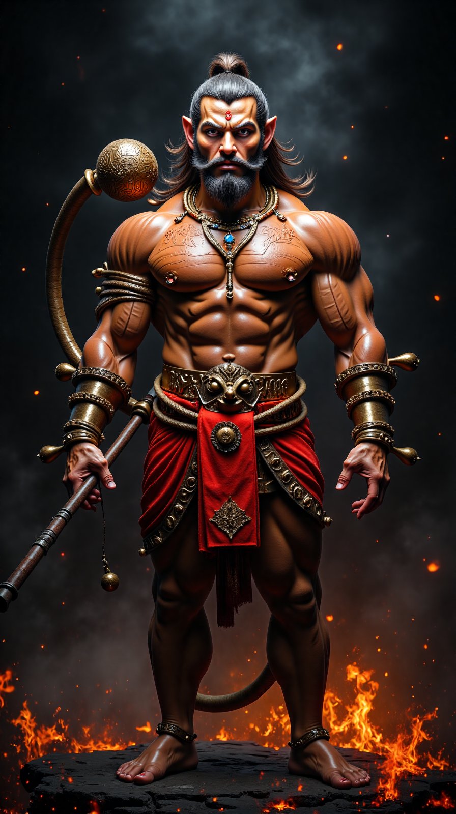 Generate a hyper-realistic, powerful, and intimidating depiction of Lord Hanuman with a muscular build and a commanding alpha-male presence. The character should be unmistakably recognizable as Hanuman, embodying all traditional features but enhanced for realism and strength. His face should have a distinct yet realistic monkey-like structure, with sharp, expressive features that convey wisdom, strength, and courage. Include a broad, furrowed brow, intense and deep-set eyes with a fierce gaze, slightly flared nostrils, and a strong jawline, accented by a subtle yet visible scar to highlight his warrior spirit.

His physique should be built with thick, well-defined muscles to reflect his immense power, with detailed veins visible across his arms, chest, and shoulders. Each muscle should have lifelike shading and texture, creating a skin tone that combines natural earthy and slightly red undertones to convey his divine origin. His long, curved tail should be visible, muscular, and flexible, coiled around his body to give the appearance of latent energy ready to be unleashed.

Hanuman should be adorned with traditional jewelry, such as arm bands, necklaces, and anklets, crafted from polished gold and gemstones that reflect his divine status. He should wear an elaborate red cloth around his waist, with folds and creases that add to the realism of the image, and a waistband engraved with sacred symbols. His chest bears the mark of Lord Ram's name, etched into his skin as a testament to his devotion. In his hand, he should wield a traditional mace (gada) with intricate carvings, and the metal should have a worn, battle-tested appearance.

The background can be dark and smoky, with faint fiery embers glowing to enhance the intense atmosphere. The lighting should create dramatic shadows, accentuating his musculature and emphasizing his intense expression, giving him a frighteningly powerful and divine look as he stands poised and ready for battle.