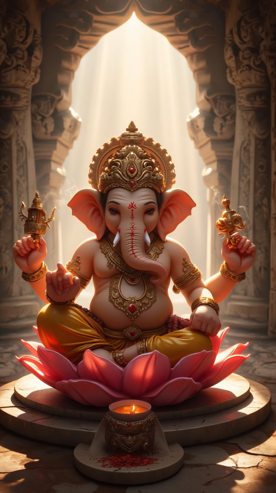 Generate a hyper-realistic image of Lord Ganesha, depicted with his iconic elephant-like head, serene expression, and curved trunk. He is sitting cross-legged on a vibrant lotus, representing purity and enlightenment. Lord Ganesha wears an ornate crown with detailed carvings and sparkling gemstones, symbolizing divine wisdom. His four arms hold traditional items: a goad (to guide), a noose (to overcome obstacles), a modak (sweet treat), and his broken tusk, representing sacrifice and intellect.

The background shows a mystical temple setting, with aged stone walls adorned with floral carvings and intricate patterns. Behind Lord Ganesha, warm sunlight beams cascade through an arched doorway, illuminating the scene and casting a gentle halo around him. His skin is a warm, earthy tone, and he wears a golden dhoti with red and orange embellishments. His large ears and gentle eyes project wisdom and compassion, while his body reflects realistic textures and lifelike details. Soft incense smoke fills the air, adding to the sacred atmosphere, and gentle lighting highlights the richness of each element, giving Lord Ganesha an otherworldly yet inviting presence.