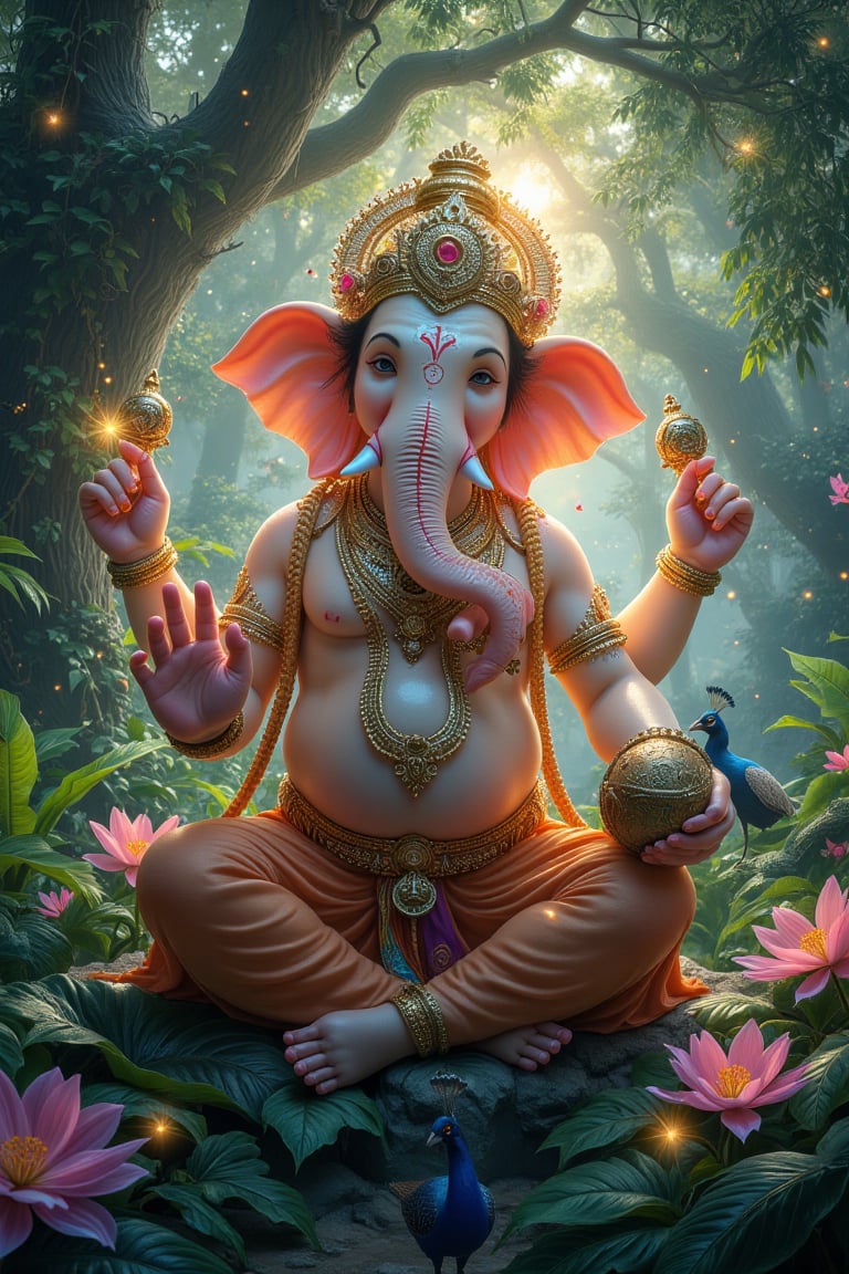 Depict Lord Ganesha in a vibrant tropical rainforest, seated beneath a massive banyan tree covered with lush green leaves, vines, and blooming flowers. The jungle is alive, with birds, peacocks, and fireflies dancing in the background. Soft rays of the rising sun break through the dense foliage, casting a warm golden hue over Ganesha’s figure. His skin glows softly in the morning light, while his crown and jewelry glimmer with the dewdrops on them.

In his hands, Ganesha holds symbols of nature: a blooming lotus, a coiled serpent, and a small tribal drum, emphasizing harmony with the wild. Around him, glowing fireflies swirl playfully, adding a dreamlike essence. His divine aura blends into the greenery, causing the surrounding plants and animals to shimmer subtly.

The lighting should focus on natural beauty—soft sunlight filtering through leaves, creating dappled patterns on Ganesha’s skin. Mist rises gently from the ground, reflecting the sun’s rays, while the background hums with life and vibrant color.