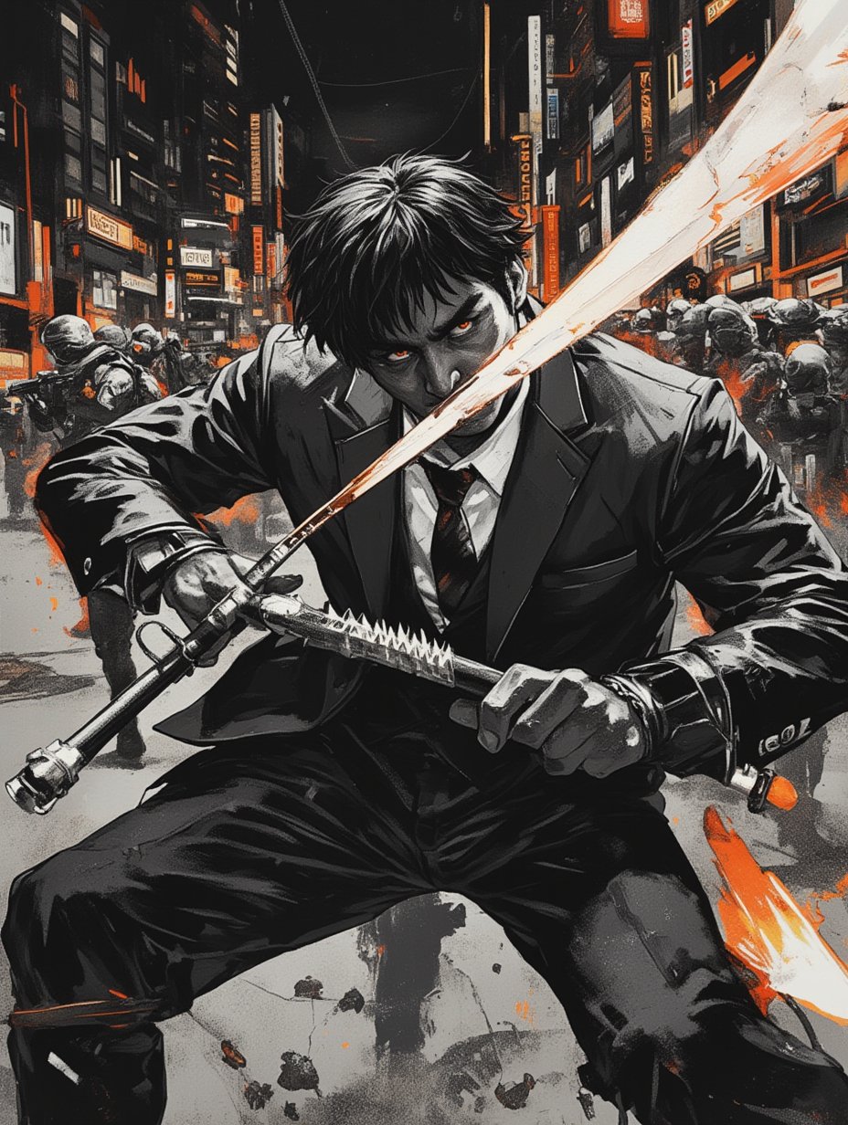 manga magazine cover poster, detailed realistic 3d, rough charcoal with zen brush calligraphy, monochromatic, closeup, burning synaptic energy aura, Yakuza wielding spiked scythe, torn business suit, night downtown, surrounded by tanks, battle scene against tactical soldiers, motion lines, attention lines, by shinkiro Bengus