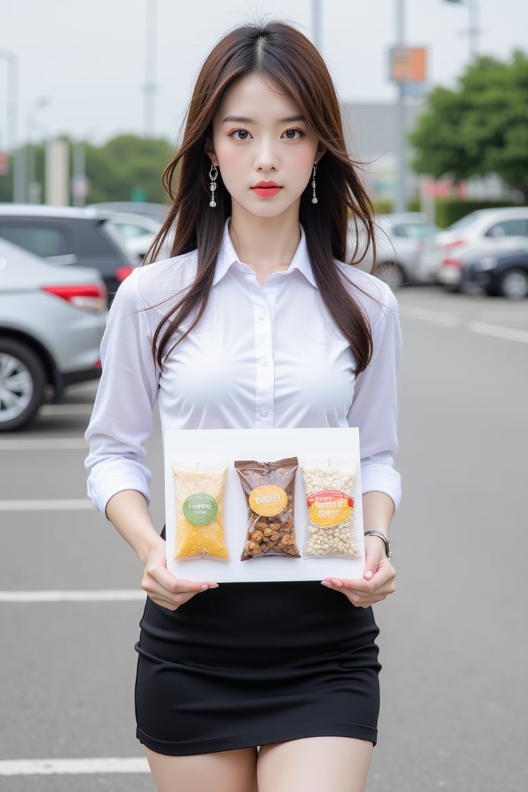 A 19-year-old Asian woman with a very slim figure, long white and brown hair, wearing a white button-down shirt, a very short black skirt that fits snugly around her legs. She holds a sign with snacks and bags of food. She stands in front of a parking lot backdrop.