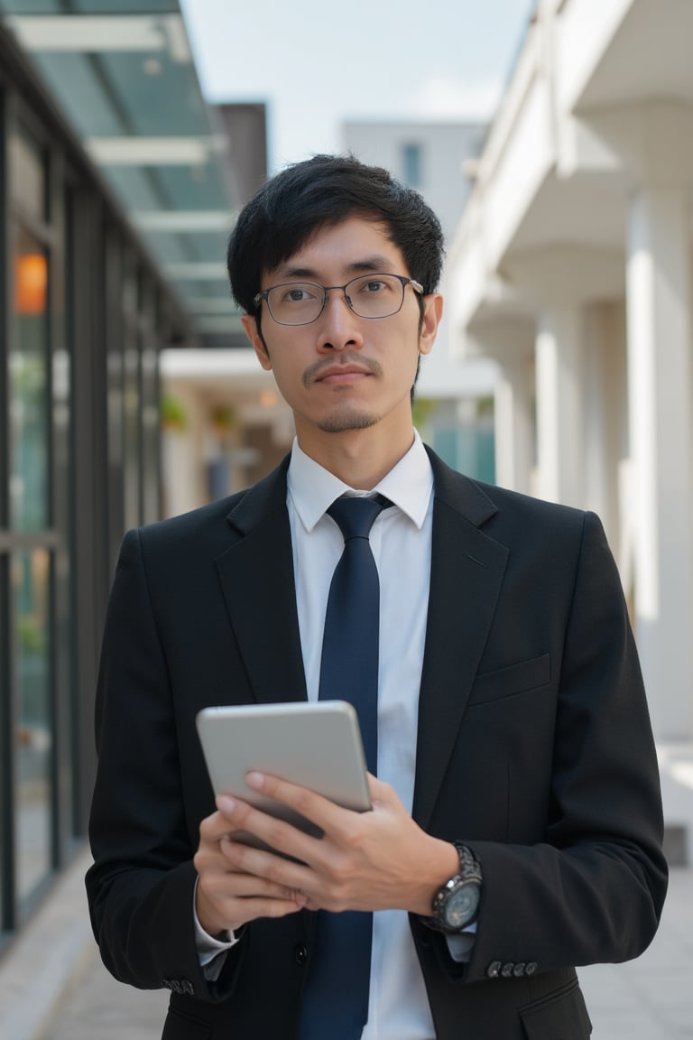 toodlingfc Handsome 40 year old, Wearing teenage glasses, Skinny, Big eyes, with brown Japanese hair, he is thin, tall. businessman holding digital pc tablet standing outdoor at business office building. Hispanic cute man in suit working using touchpad computer