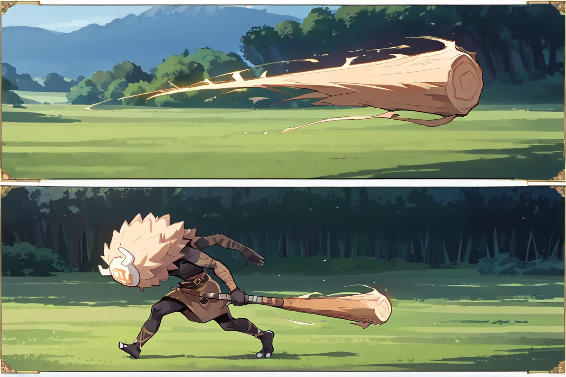 score_9,score_8_up,score_7_up,source_anime,high quality, masterpiece,2 panels, long shot,a hillichurl walking lonely in the grassy wilderness,side view,large_scale,detailed_background,motion lines,comic panels, manga page