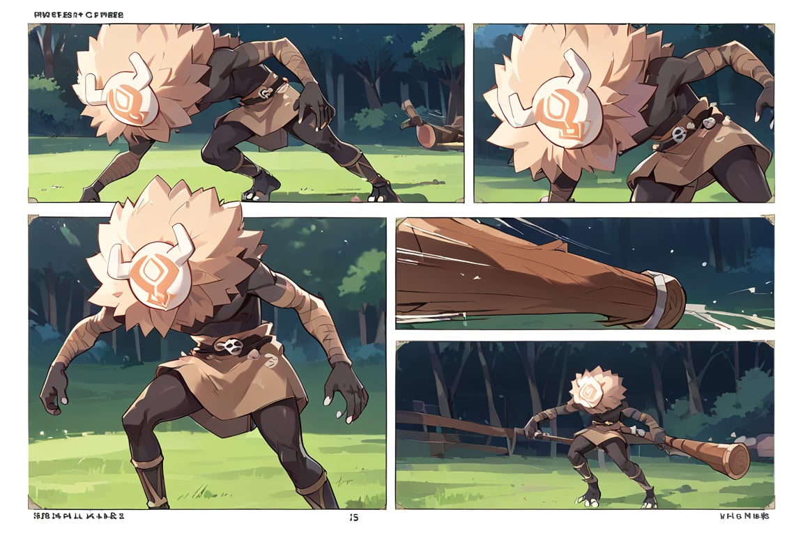 score_9,score_8_up,score_7_up,source_anime,high quality, masterpiece,2 panels, long shot,panel1 : a hillichurl running in the grassy wilderness,side view,large_scale,detailed_background,motion lines,panel2: a hillichurl attacking using his wooden club,comic panels, manga page