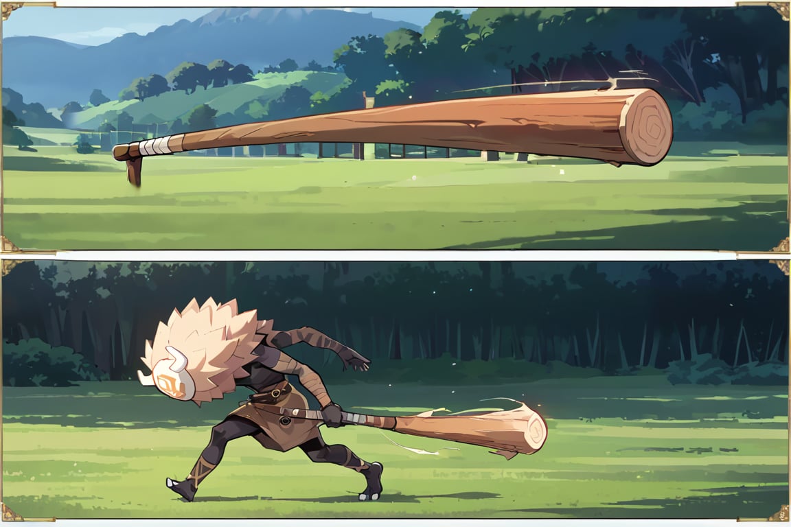 score_9,score_8_up,score_7_up,source_anime,high quality, masterpiece,2 panels, long shot,a hillichurl walking lonely in the grassy wilderness,side view,large_scale,detailed_background,motion lines,comic panels, manga page,a flying wooden club,