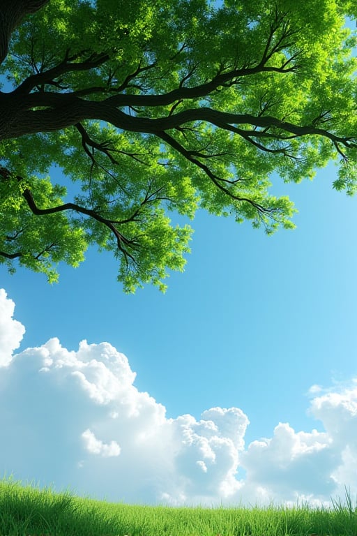 Imagine that I am lying under a tree and I see the leaves of a green tree with blue sky and fluffy clouds, in the day