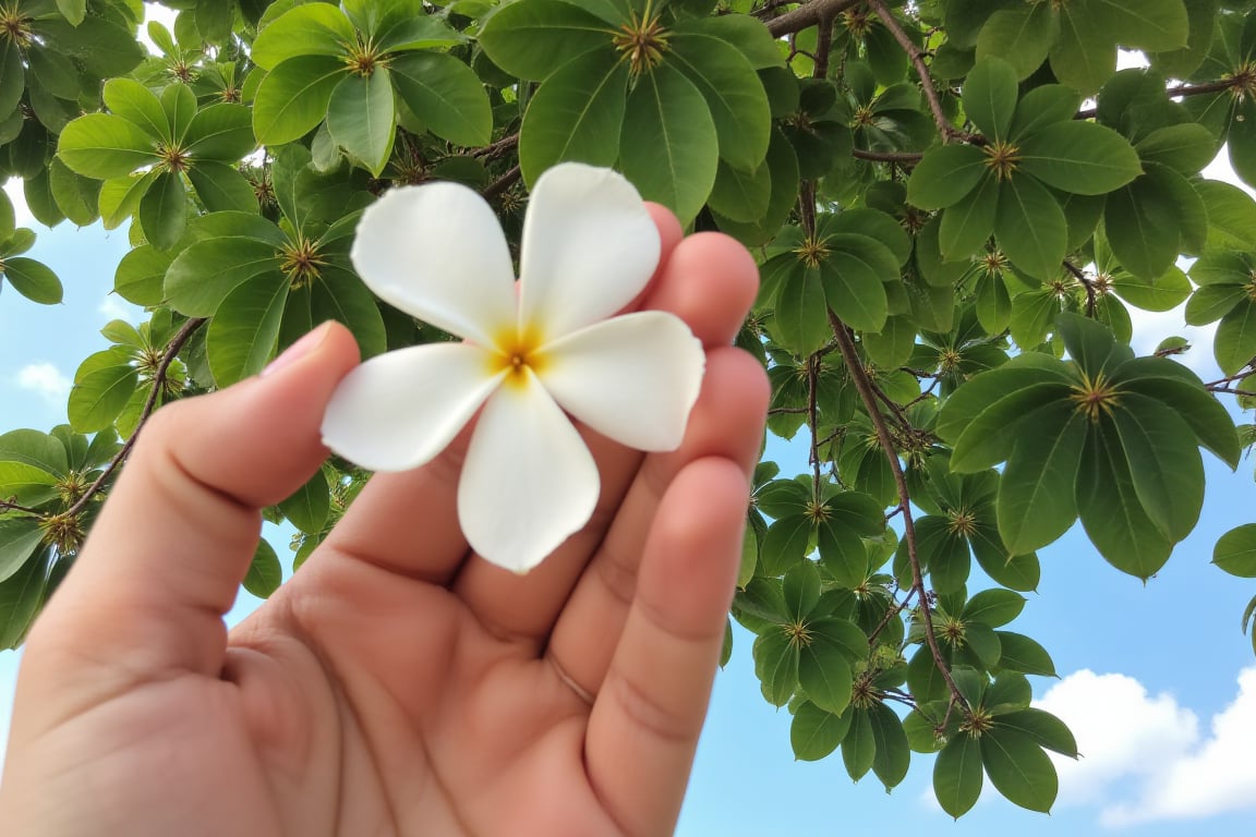 It is as if I had taken a photo of myself, under a tree with green leaves and in the image I see my hand holding a white flower with a yellow center of 5 petals and in the background the tree and the blue sky with clouds appear