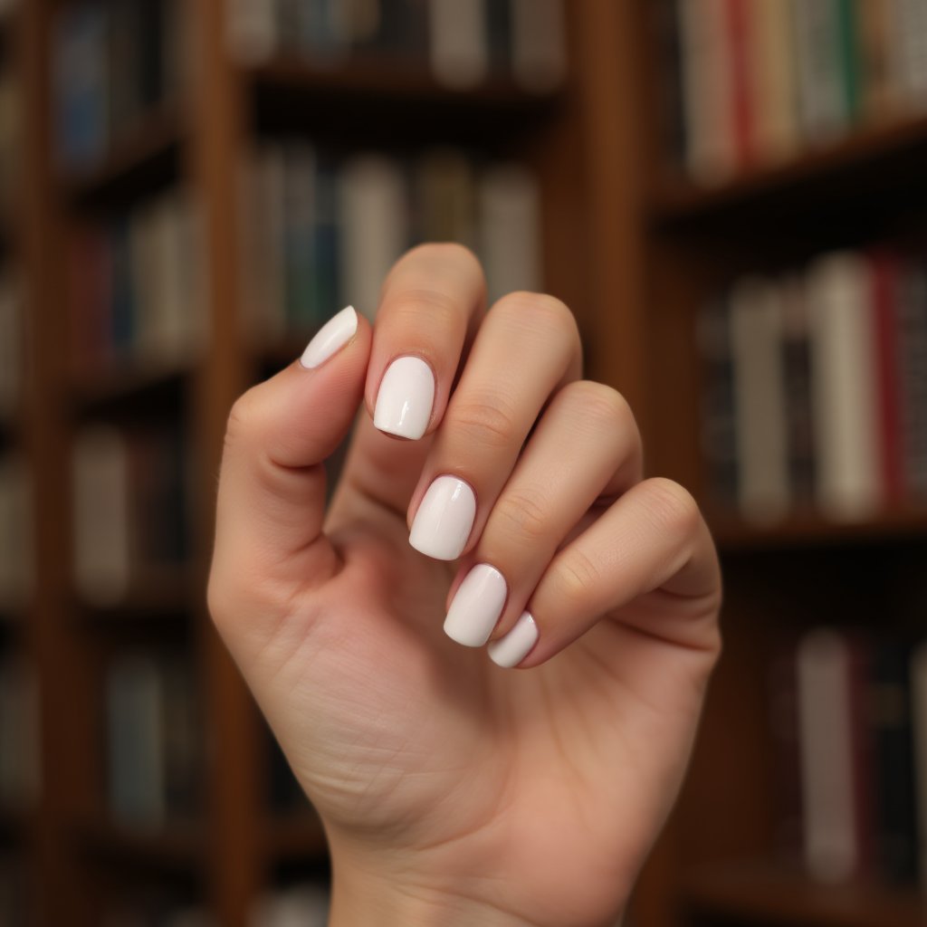 hand with tan skin with white nails (she is showing her beautiful nails) in the background of a blurred library