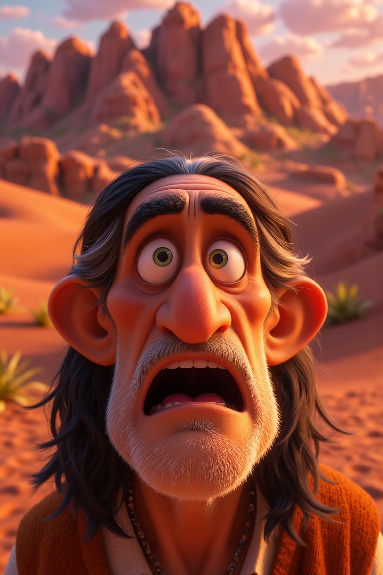 style: Disney cartoon style, 8k, realistic lighting and shadows, vibrant colors, cinematic background, Pixar-like rendering style. A close-up reveals the face of the prophet, his features suddenly filled with awe and wonder. His once calm and composed expression has given way to an intense moment of realization. His green eyes, now wide open, shine with a mixture of surprise and reverence, as if he has just witnessed something beyond comprehension. The lines on his aged face, deep from years of wisdom and reflection, are now softened, his eyebrows raised, and his lips slightly parted in disbelief. His gray beard, neatly trimmed, frames his face as the wind gently stirs his long, flowing hair. The warm, golden light of the setting sun casts a gentle glow across his skin, accentuating every crease and detail of his aged yet strong features. The vibrant hues of orange and pink from the sunset illuminate his face, giving it a soft radiance that complements the wonder in his eyes. Behind him, the vast desert stretches out, bathed in the breathtaking colors of the sunset. The sand dunes, with their sharp ridges, create deep shadows that contrast beautifully with the warm tones of the sky. The rugged orange hills in the distance are highlighted by the fading sunlight, enhancing their texture and form. The atmosphere is tranquil yet charged with a sense of wonder, as if the entire landscape is holding its breath in harmony with the prophet’s awe. The desert behind him feels alive, glowing softly under the remnants of the day’s light, capturing the beauty and majesty of the natural world. In this moment, the prophet stands amidst the breathtaking landscape, fully immersed in the experience of the fleeting beauty of the sunset.