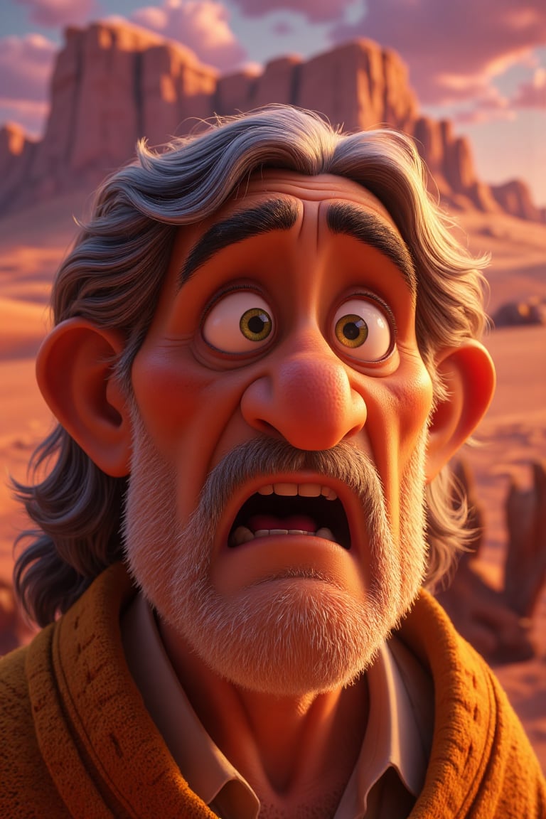 style: Disney cartoon style, 8k, realistic lighting and shadows, vibrant colors, cinematic background, Pixar-like rendering style. A close-up reveals the face of the prophet, his features suddenly filled with awe and wonder. His once calm and composed expression has given way to an intense moment of realization. His green eyes, now wide open, shine with a mixture of surprise and reverence, as if he has just witnessed something beyond comprehension. The lines on his aged face, deep from years of wisdom and reflection, are now softened, his eyebrows raised, and his lips slightly parted in disbelief. His gray beard, neatly trimmed, frames his face as the wind gently stirs his long, flowing hair. The warm, golden light of the setting sun casts a gentle glow across his skin, accentuating every crease and detail of his aged yet strong features. The vibrant hues of orange and pink from the sunset illuminate his face, giving it a soft radiance that complements the wonder in his eyes. Behind him, the vast desert stretches out, bathed in the breathtaking colors of the sunset. The sand dunes, with their sharp ridges, create deep shadows that contrast beautifully with the warm tones of the sky. The rugged orange hills in the distance are highlighted by the fading sunlight, enhancing their texture and form. The atmosphere is tranquil yet charged with a sense of wonder, as if the entire landscape is holding its breath in harmony with the prophet’s awe. The desert behind him feels alive, glowing softly under the remnants of the day’s light, capturing the beauty and majesty of the natural world. In this moment, the prophet stands amidst the breathtaking landscape, fully immersed in the experience of the fleeting beauty of the sunset.