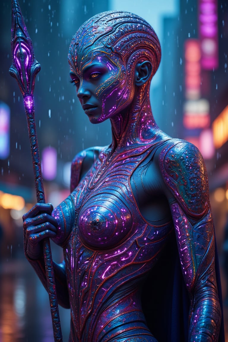 The cyberpunk empress, Extreme Upper Body Closeup Portrait, Neon blue and purple color graded, Face partially covered by robotic casing, , analog Photo of a fierce armored cyber warrior with a staff entwined with glowing digital symbols, action pose, featuring a relentless, translucent armour and clothing, a cape. She is depicted in a rainy city with a digital sky. The glowing neon outlines define the rugged lines of her form, reflective armor. The armor includes a rich purple chest piece with detailed hieroglyphic patterns.
