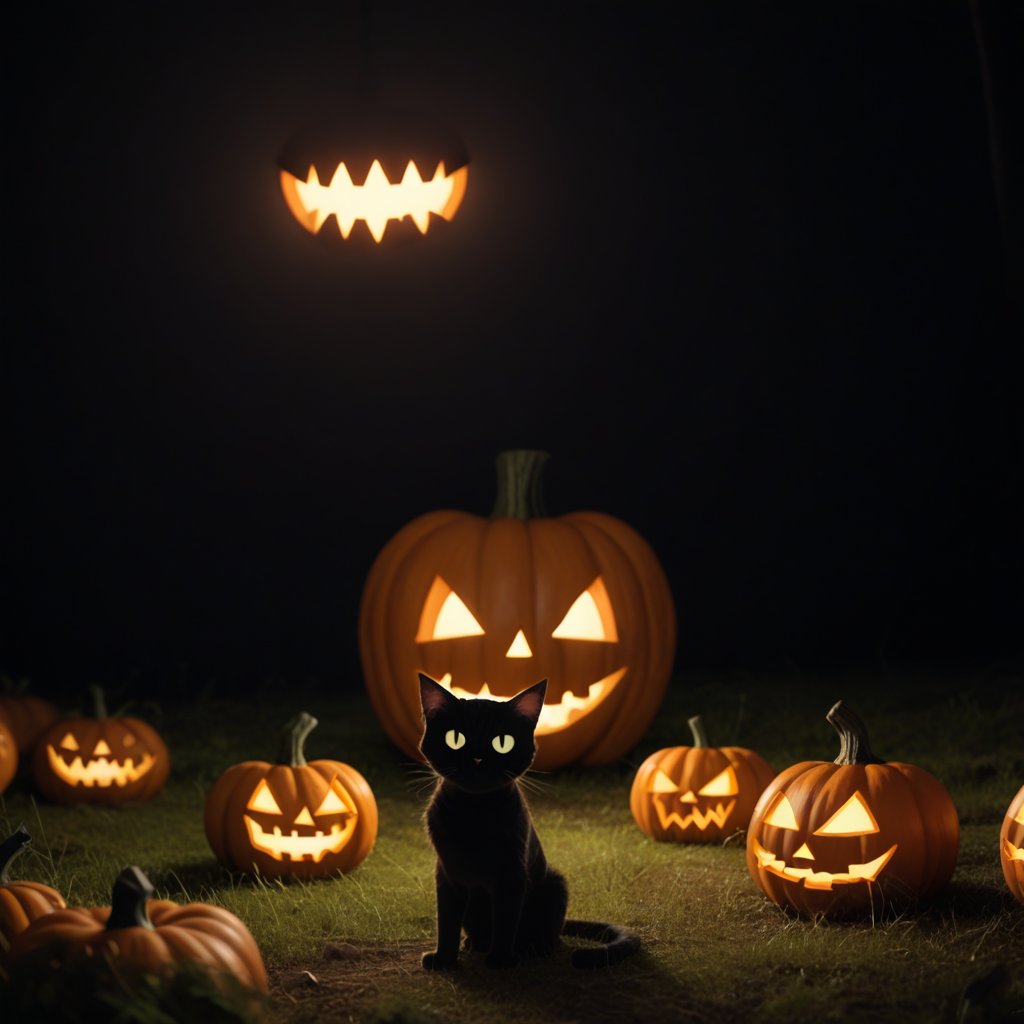 A dark night scene with a black cat perched amidst a haunted landscape of intricately carved and lit jack-o'-lanterns, casting an eerie glow across the dry, rustling grass of the spooky field. The cat's eyes gleam like lanterns in the darkness, as it snarls at the pumpkins with an air of feline mystery. (skinny stray cat) ( cat growls), (cat hisses), 