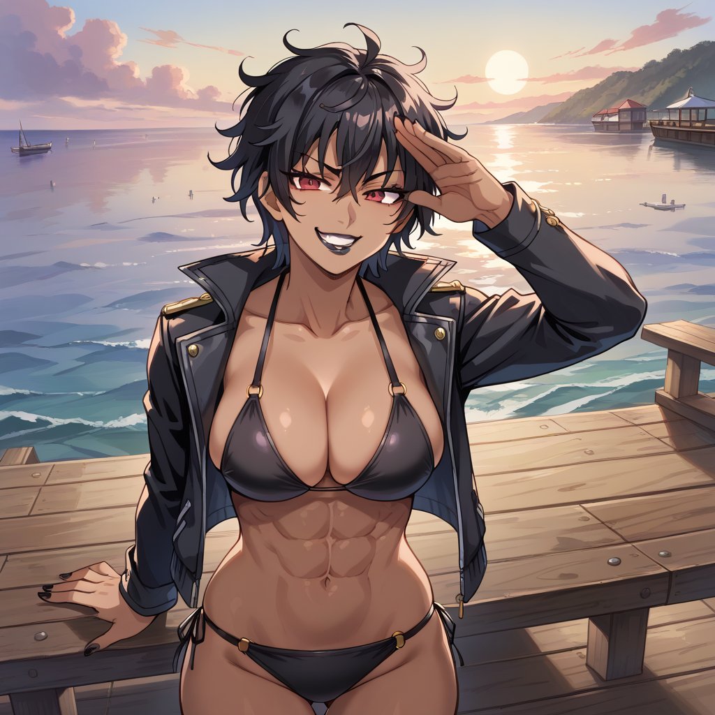 female, Dark skinned. black hair, messy hair, short hair,  red eyes , very smug, abs, wearing black jacket, pier, saluting, black bikini, black fingernail polish, black lipstick