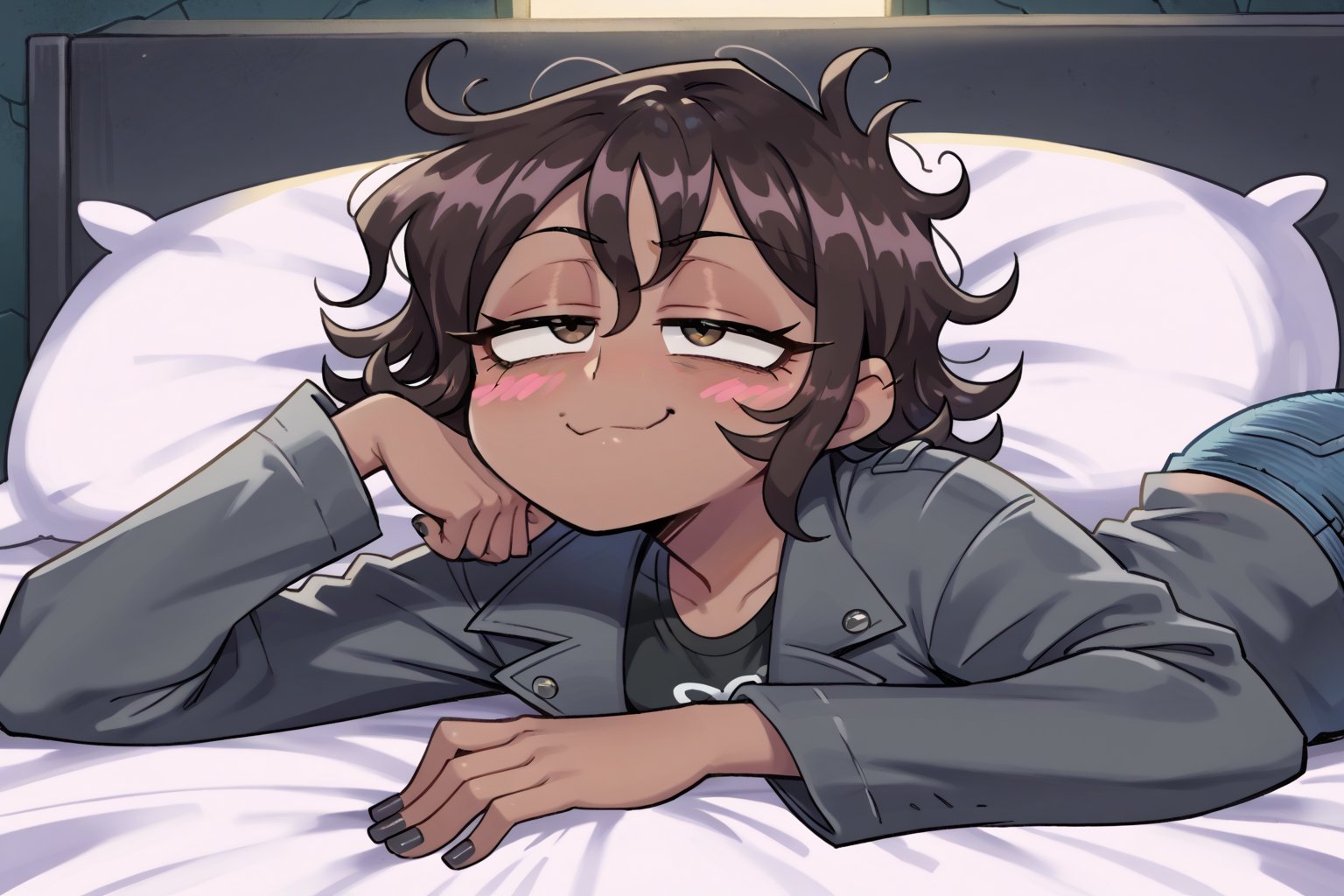 Female, Dark Skin, Dark Brown Hair, messy hair, short hair, curly hair, dark brown eyes, Very smug, grey fingernail polish, Dark Gray jean shorts, dark gray crop top, dark gray jacket, on bed, dark gray jacket, laying down, hands_on_face, blushing,valbun