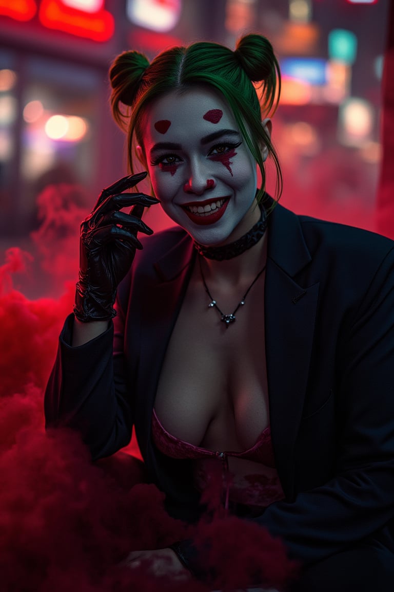 Art of a joker Joker's twisted grin wearing her ((makeup face:1.3)),  ((her suit)), ((black skrit)), black glove sharp claw, ((red smoke)), her ((green ponnytail bun hairstyle:1.5)), sexy pose, dark night, ((neon light city)), cyberpunk realistic city background 