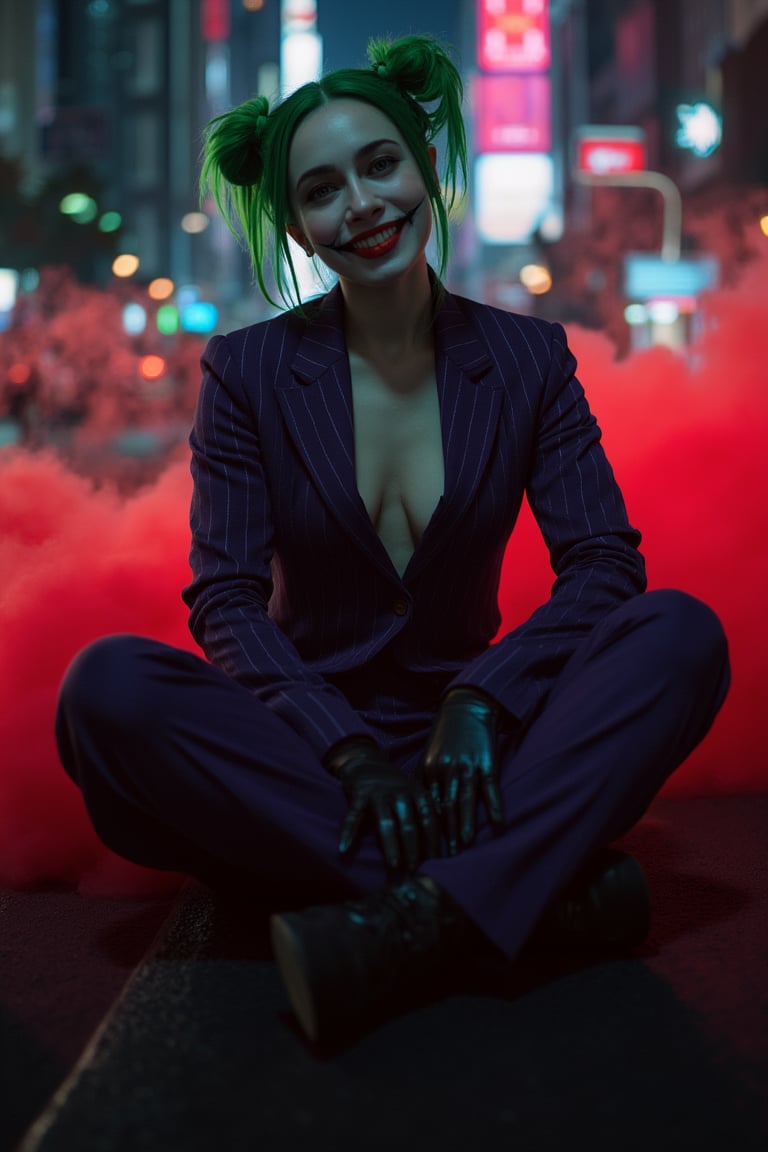 Art of a joker Joker's twisted grin wearing her ((makeup face:1.3)),  ((her suit)), ((black skrit)), black glove sharp claw, ((red smoke)), her ((green ponnytail bun hairstyle:1.5)), sexy pose, dark night, ((neon light city)), cyberpunk realistic city background 