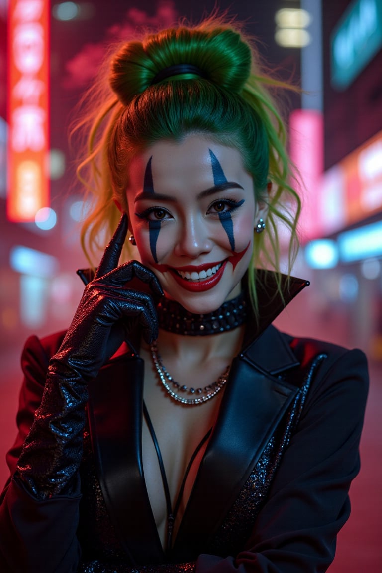 Art of a joker Joker's twisted grin wearing her ((makeup face:1.3)),  ((her suit)), ((black skrit)), black glove sharp claw, ((red smoke)), her ((green ponnytail bun hairstyle:1.5)), sexy pose, dark night, ((neon light city)), cyberpunk realistic city background 