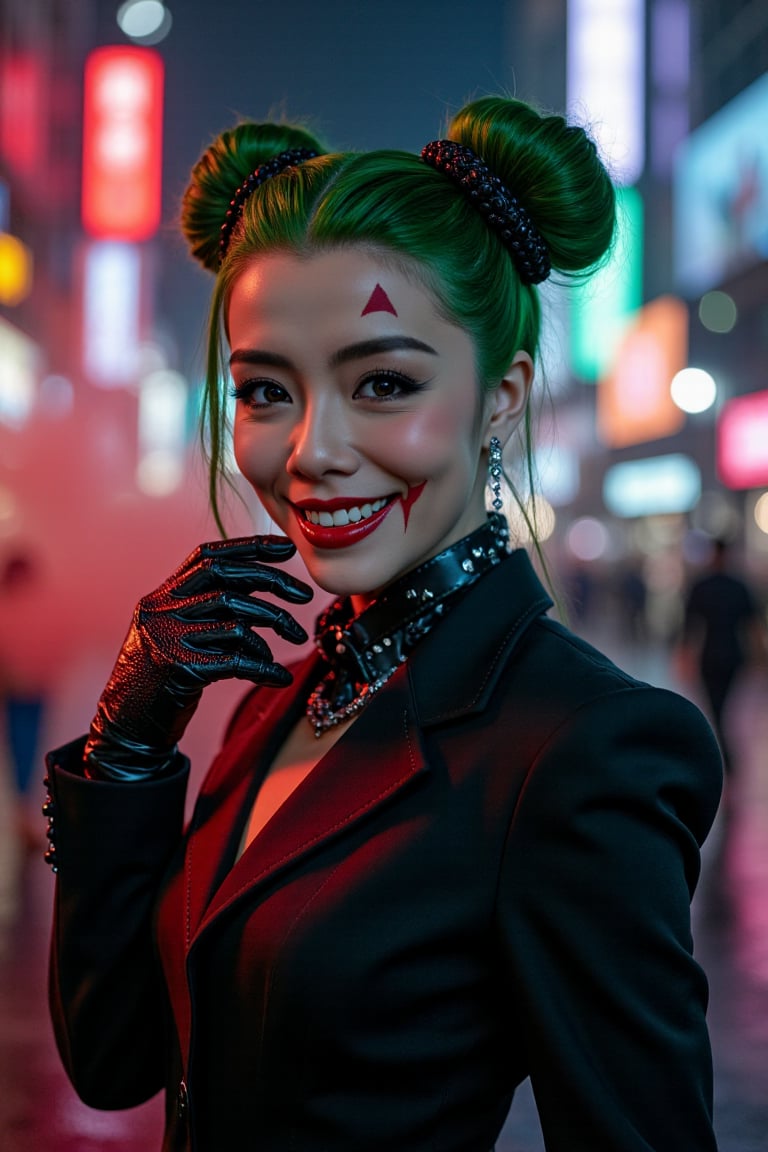 Art of a joker Joker's twisted grin wearing her ((makeup face:1.3)),  ((her suit)), ((black skrit)), black glove sharp claw, ((red smoke)), her ((green ponnytail bun hairstyle:1.5)), sexy pose, dark night, ((neon light city)), cyberpunk realistic city background 