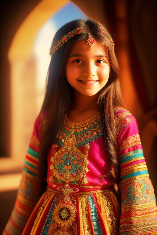 A young girl from Yemen stands gracefully, wearing an intricately designed Yemeni dress adorned with bright colors and traditional decorations. Her long, thick hair flows naturally, and her charming eyes sparkle with warmth. The colorful dress beautifully showcases Yemeni cultural elements, with her beautiful snout clearly visible. Her face exudes a warm smile, highlighting her beautiful features. The image captures the essence of Yemeni culture, framed in a well-lit, close-up shot.