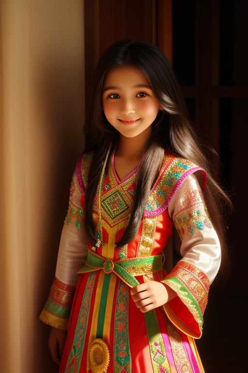 A young girl from Yemen stands gracefully, wearing an intricately designed Yemeni dress adorned with bright colors and traditional decorations. Her long, thick hair flows naturally, and her charming eyes sparkle with warmth. The colorful dress beautifully showcases Yemeni cultural elements, with her beautiful snout clearly visible. Her face exudes a warm smile, highlighting her beautiful features. The image captures the essence of Yemeni culture, framed in a well-lit, close-up shot.