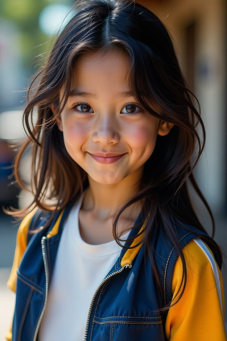 A close-up shot of an 18-year-old girl with long, tousled black hair and big, snarling brown eyes. Her beautiful, sweet, and handsome face is framed by her hair. She wears a mix of sportswear and fashionable clothes in shades of blue, yellow, and white. Natural light highlights her youthful innocence. She stands confidently, embodying perseverance and joy, with a background hinting at her love for music, dancing, reading, and traveling.