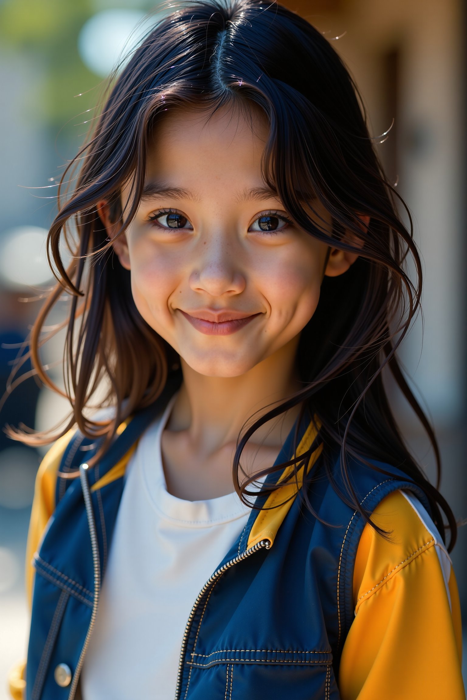 A close-up shot of an 18-year-old girl with long, tousled black hair and big, snarling brown eyes. Her beautiful, sweet, and handsome face is framed by her hair. She wears a mix of sportswear and fashionable clothes in shades of blue, yellow, and white. Natural light highlights her youthful innocence. She stands confidently, embodying perseverance and joy, with a background hinting at her love for music, dancing, reading, and traveling.