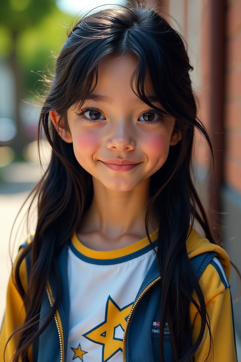 A close-up shot of an 18-year-old girl with long, tousled black hair and big, snarling brown eyes. Her beautiful, sweet, and handsome face is framed by her hair. She wears a mix of sportswear and fashionable clothes in shades of blue, yellow, and white. Natural light highlights her youthful innocence. She stands confidently, embodying perseverance and joy, with a background hinting at her love for music, dancing, reading, and traveling.