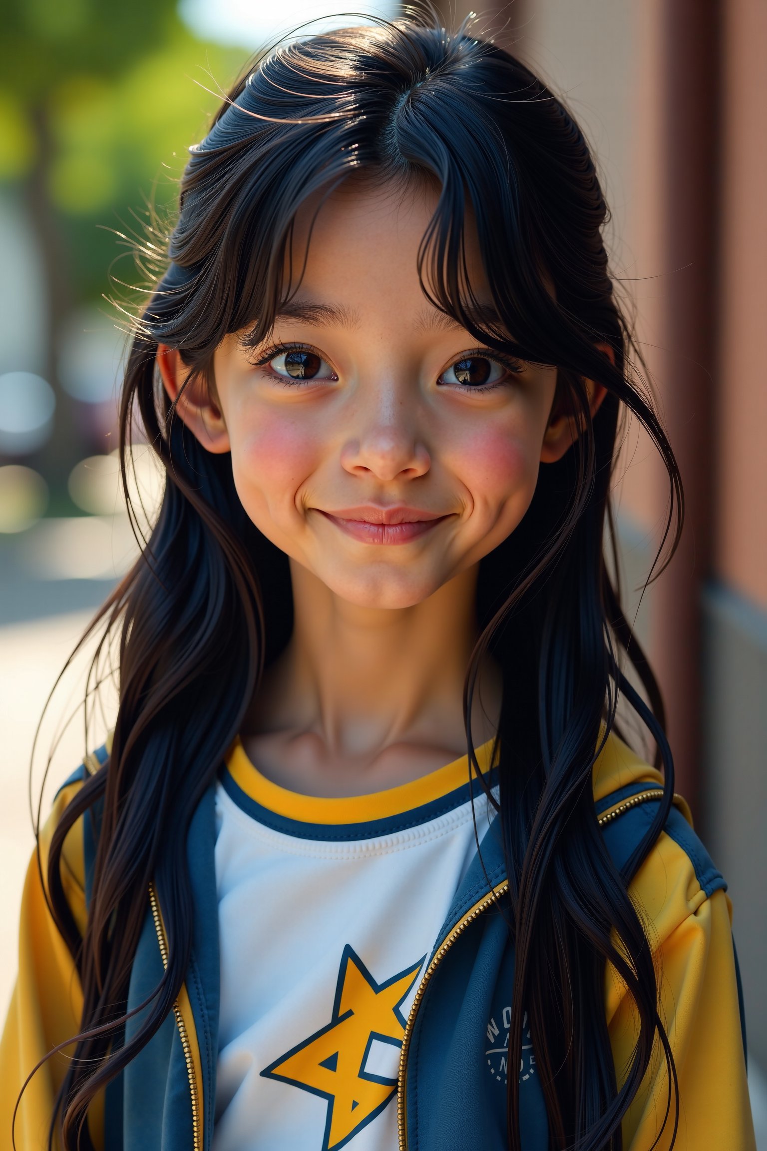 A close-up shot of an 18-year-old girl with long, tousled black hair and big, snarling brown eyes. Her beautiful, sweet, and handsome face is framed by her hair. She wears a mix of sportswear and fashionable clothes in shades of blue, yellow, and white. Natural light highlights her youthful innocence. She stands confidently, embodying perseverance and joy, with a background hinting at her love for music, dancing, reading, and traveling.