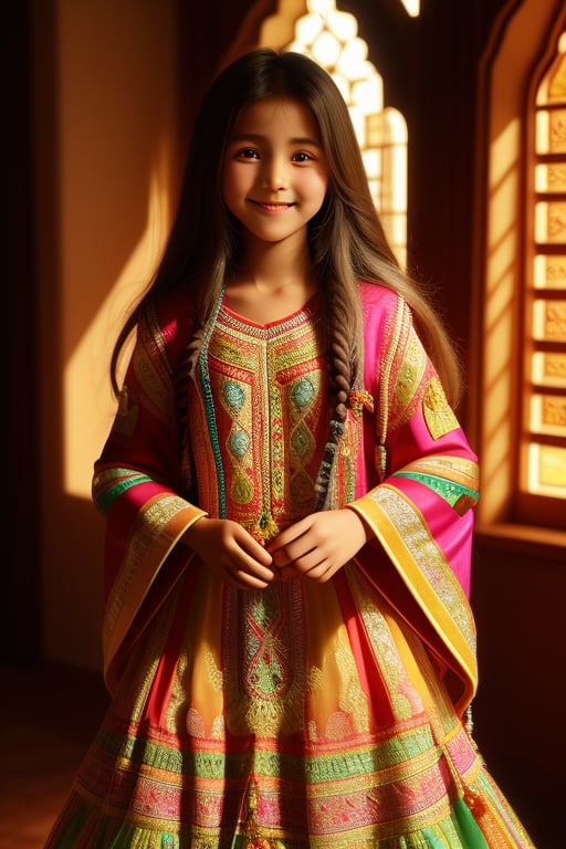 A young girl from Yemen stands gracefully, wearing an intricately designed Yemeni dress adorned with bright colors and traditional decorations. Her long, thick hair flows naturally, and her charming eyes sparkle with warmth. The colorful dress beautifully showcases Yemeni cultural elements, with her beautiful snout clearly visible. Her face exudes a warm smile, highlighting her beautiful features. The image captures the essence of Yemeni culture, framed in a well-lit, close-up shot.