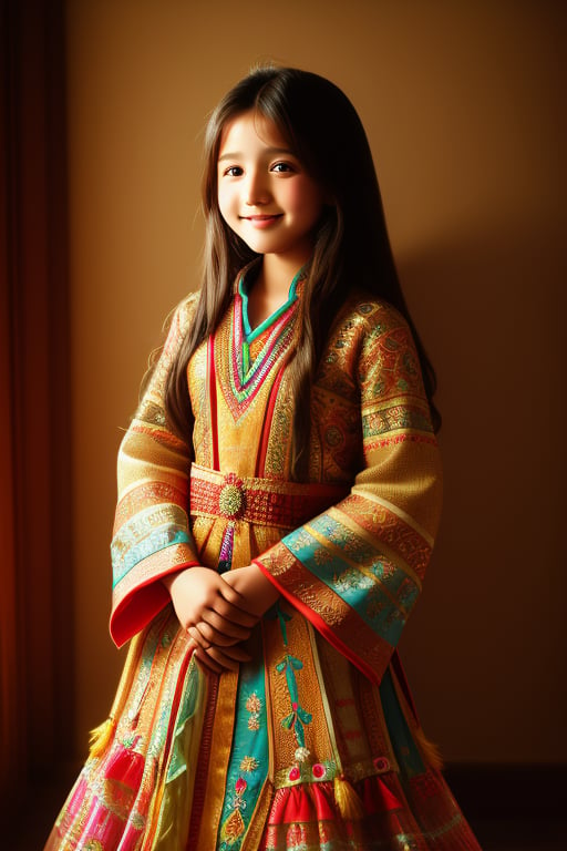 A young girl from Yemen stands gracefully, wearing an intricately designed Yemeni dress adorned with bright colors and traditional decorations. Her long, thick hair flows naturally, and her charming eyes sparkle with warmth. The colorful dress beautifully showcases Yemeni cultural elements, with her beautiful snout clearly visible. Her face exudes a warm smile, highlighting her beautiful features. The image captures the essence of Yemeni culture, framed in a well-lit, close-up shot.