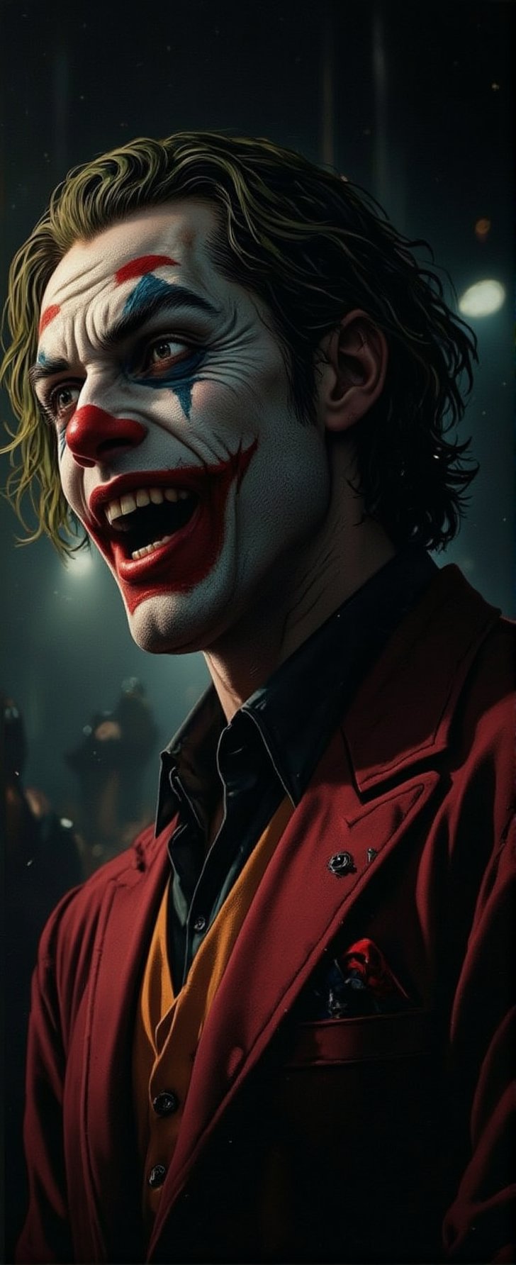 detailed illustration, illustration by Serpieri, best quality, masterpiece, portrait of The Joker (Batman, Heath Ledger), dramatic lighting, chiascuro, light hitting one side of the face, High Definition HD, High Detail, Perfect Composition, mythp0rt