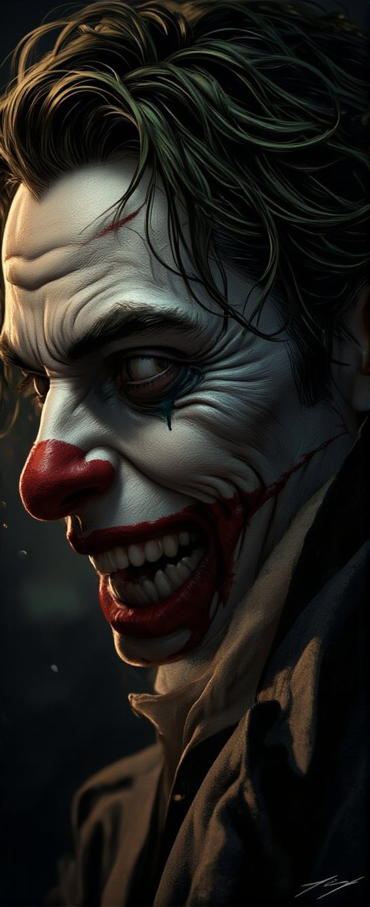 detailed illustration, illustration by Serpieri, best quality, masterpiece, portrait of The Joker (Batman, Heath Ledger), dramatic lighting, chiascuro, light hitting one side of the face, High Definition HD, High Detail, Perfect Composition, mythp0rt