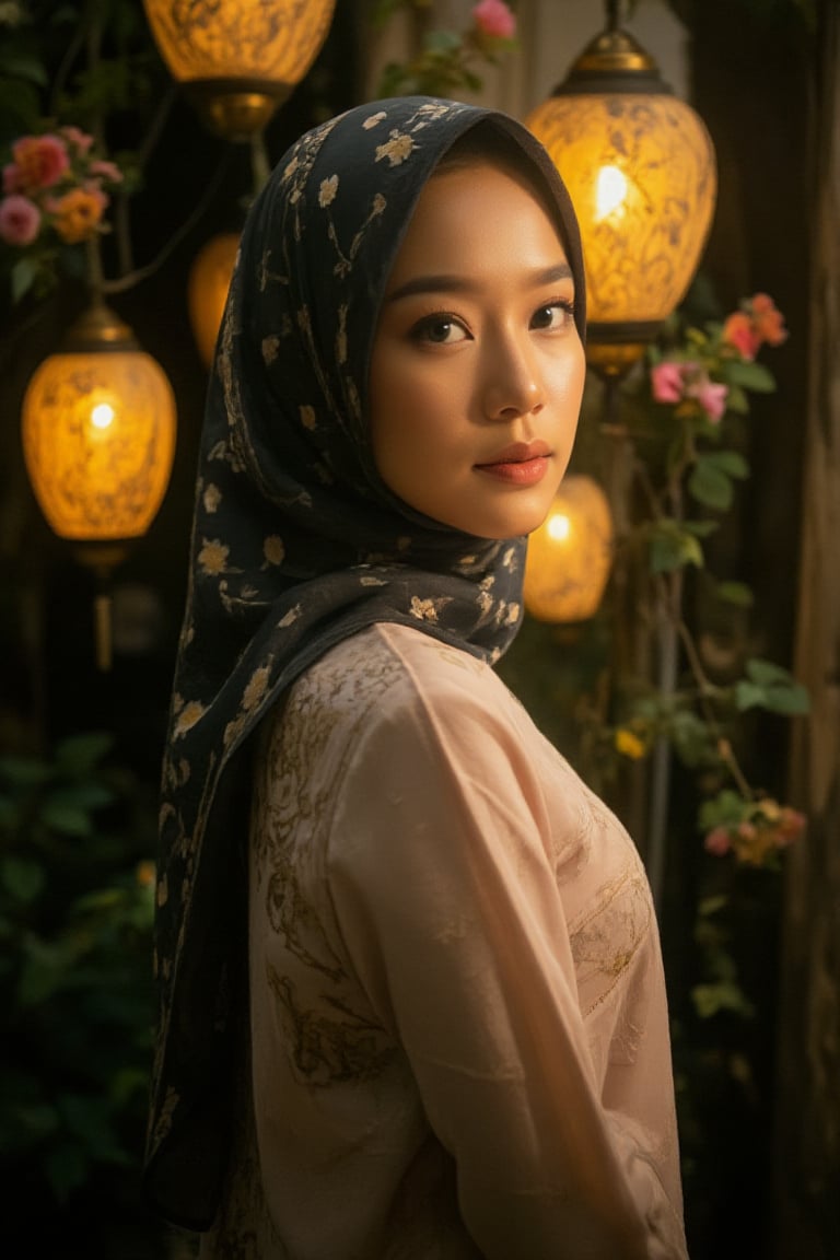 A tranquil portrait of a serene woman, illuminated by soft, gentle light, as her elegant hijab cascades down the back like silk, framing her refined features with understated elegance. She poses with poise against a whimsical backdrop of lanterns aglow, vibrant flowers blooming amidst lush foliage, her modest attire accentuating her radiant beauty emanating from within.