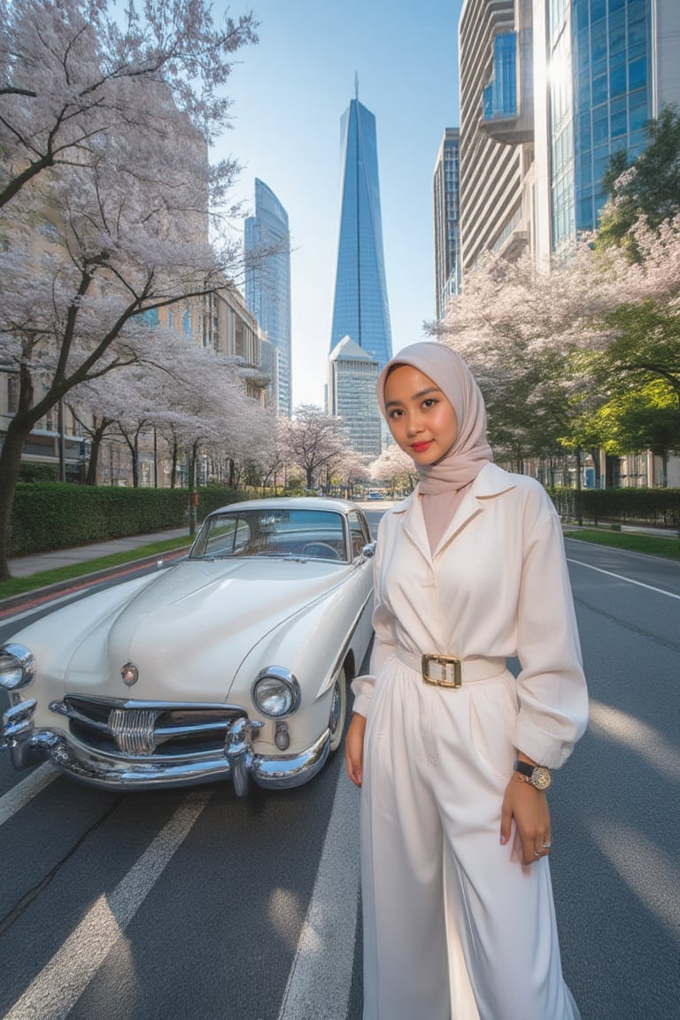 A high-angle, ultra-wide shot frames an Asian hijab woman's captivating portrait, illuminated by a strobe light's sharp, high-contrast glow. She poses with effortless elegance in trendy, all-white attire with belt and accessories, against a backdrop of lush sakura trees and a cityscape dominated by a skyscraper. The street below is bathed in the soft, gradient shadow of the building, while a sleek, white classic car beside her adds a touch of sophistication.