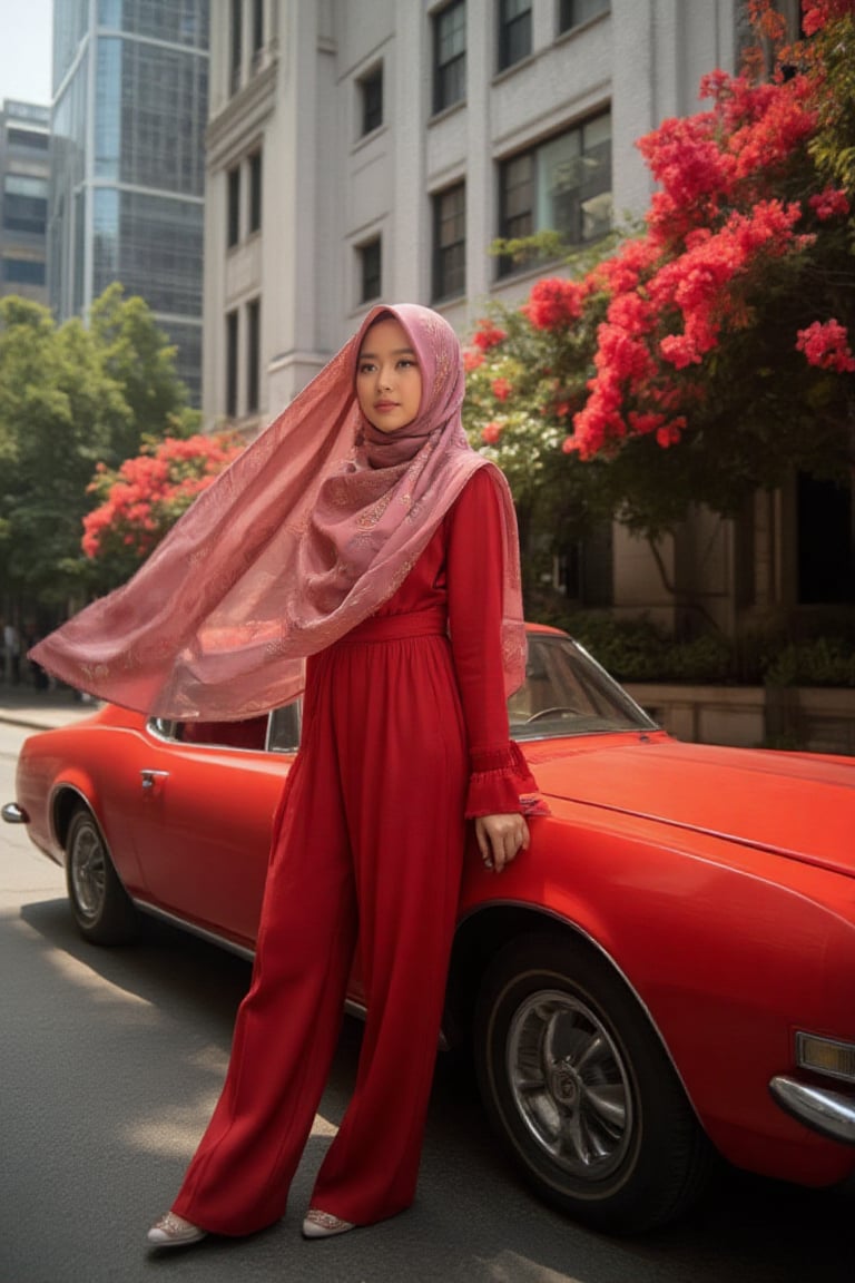 A striking low-angel shot captures an Asian hijab woman's mesmerizing portrait, warmly lit by a strobe light casting sharp shadows. Her long scarf flows gently in the breeze as she poses effortlessly in all-red-pink attire with matching accessories against a vibrant backdrop of red flower trees and city skyscrapers. The street below is bathed in soft gradient shadow, while a sleek classic red car beside her adds sophistication.