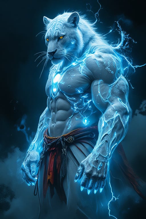 "A hyper-realistic depiction of a humanoid warrior perfectly fused with the spirit of a jaguar, maintaining every intricate detail from the reference image. The warrior stands from the knees up, with a flawless physique—every muscle precisely sculpted to showcase immense strength and power. His chest features a glowing orb embedded in the center, radiating a bright, ghostly blue-white light, like an arc reactor, with electric veins spreading across his torso, arms, and neck. The light pulses as if alive, connecting his spirit and body.

The face of the character perfectly blends the sharp features of a jaguar and human—keeping the jaguar's head, long flowing white fur, glowing yellow eyes, feline nose, and whiskers. His expression is intense, and the fusion feels seamless. The fur gradually merges with his skin through subtle electric lines, making his hands appear part-jaguar, with glowing claws faintly extending beyond his human-like fingers. His ghostly aura shines with an otherworldly blue-white energy, bright but fading into the mist, creating an ethereal presence. His body glows with a supernatural radiance, resembling a spectral being in physical form.

He wears a ceremonial loincloth and sash around his waist with the exact same deep red, yellow, and blue design from the reference, held by an intricately engraved belt. The misty rainforest in the background blends into the scene, with vines hanging loosely, giving a mystical, natural ambiance. The spirit of a jaguar floats behind him like a spectral apparition, glowing intensely, its translucent blue-white form reinforcing the connection between animal and man. The light from the spirit and the warrior intertwine, wrapping him in a radiant aura that feels alive.

Focus on rendering every detail in ultra-high 8K resolution—capture the muscles, the electric veins, the reflective fur, and the subtle glow from his claws. His pose is heroic, emanating power and calmness, with the camera positioned closely to show his upper body in sharp detail from the knees up. Make the glow from the chest orb vibrant, as if it’s a source of life, and enhance the blend of man and jaguar so that the transformation feels perfect—every feature harmoniously combined with artistic precision. Ensure the overall atmosphere is dramatic, mystical, and empowering, as if taken by the world’s best photographer."*